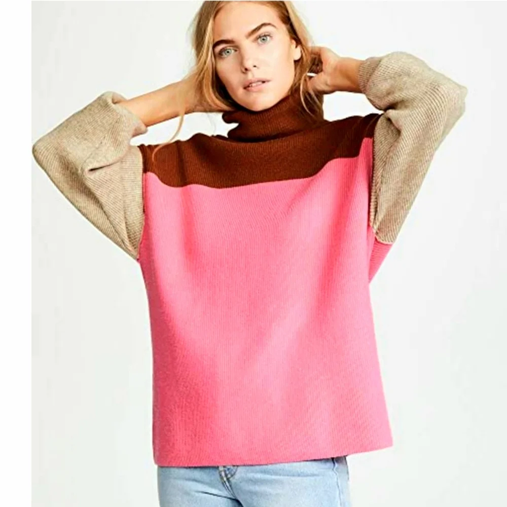 Free People Color Block Turtleneck Sweater in Pink Brown Tan - Picture 2 of 10